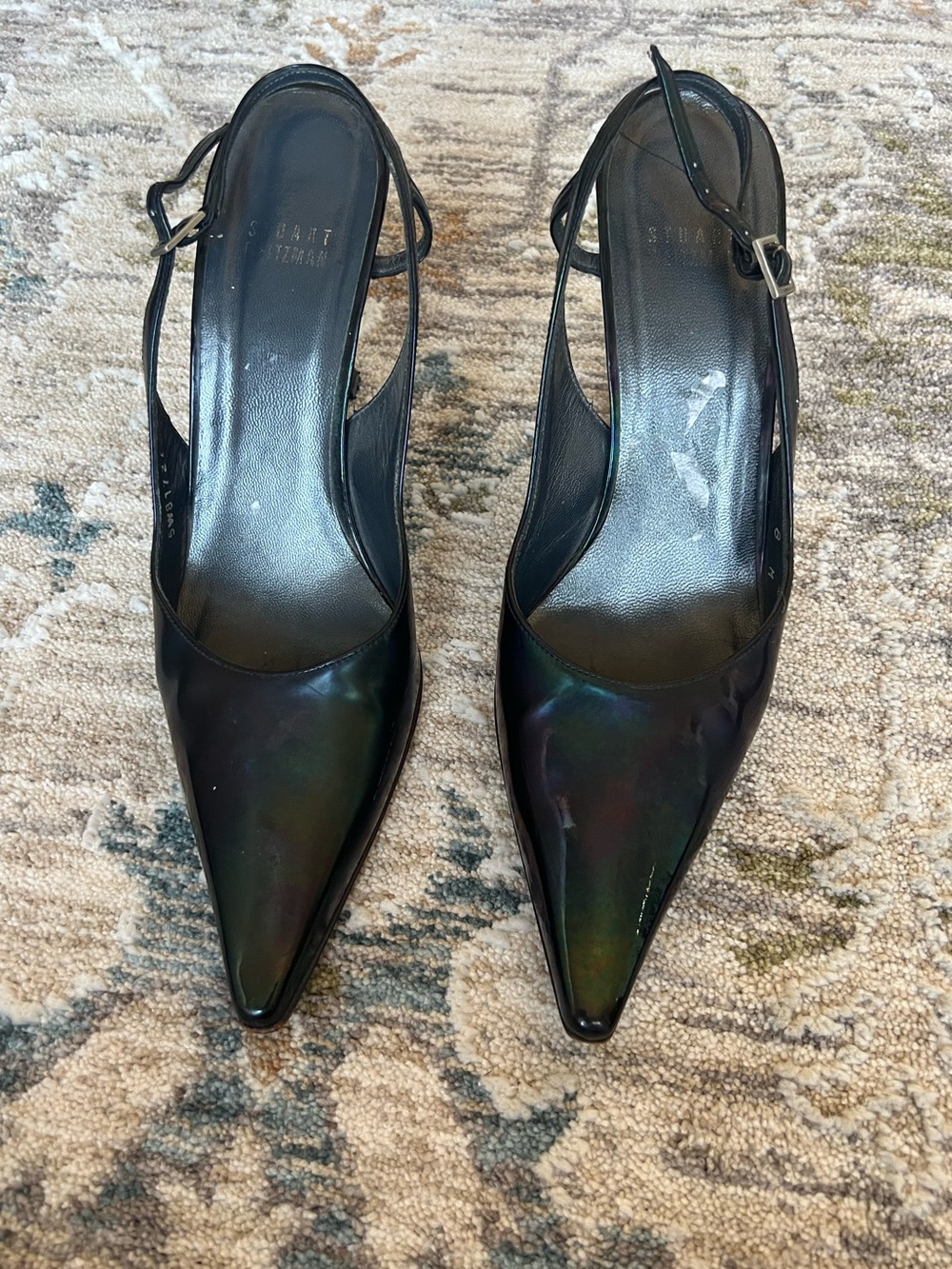 Stuart Weitzman Black Iridescent Pointed Slingback Heels